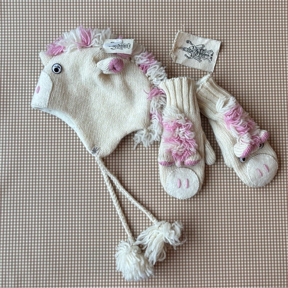 Nirvana Designs Unicorn Hat.Hand Knit + Mittens. wool. Handmade.NEW.M/L youth‎